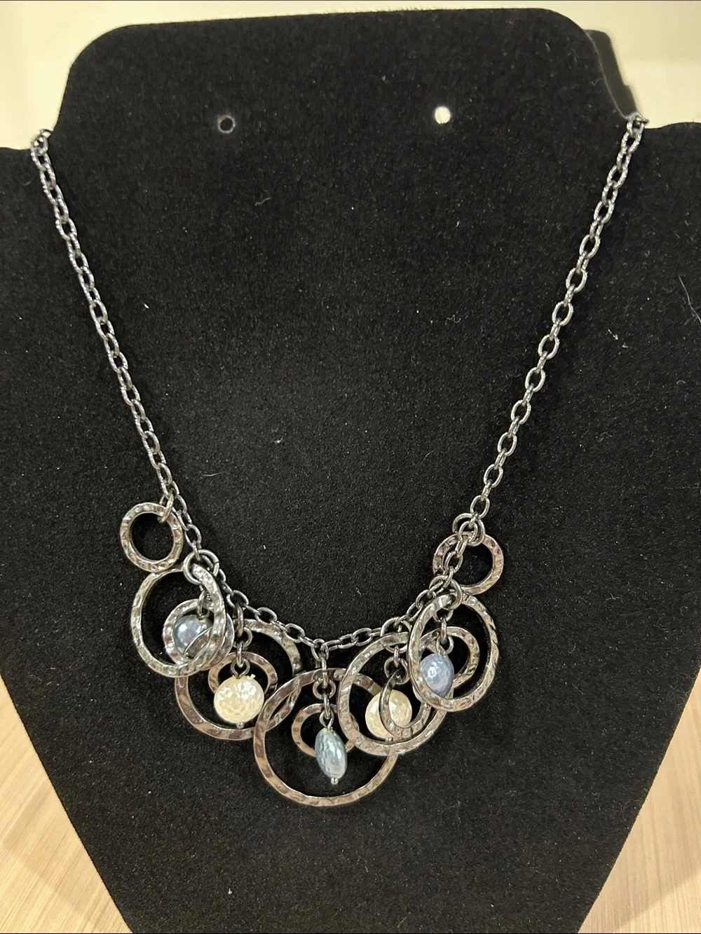 Silver-Tone Multi Circle Pendant Necklace with Blue Accents